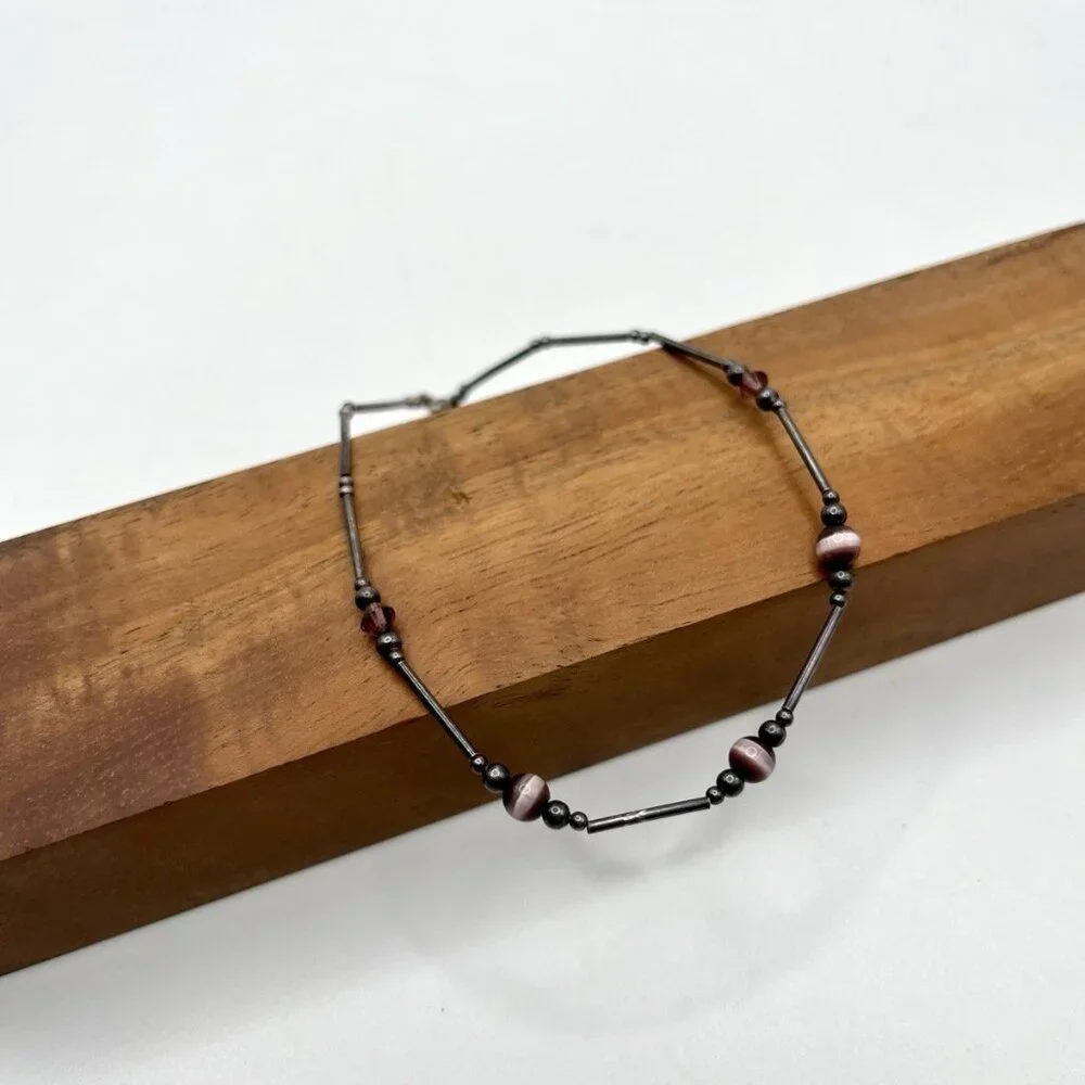 Sterling Silver Bar Link Bracelet Purple Glass Cat Eye Beads Boho Minimalist